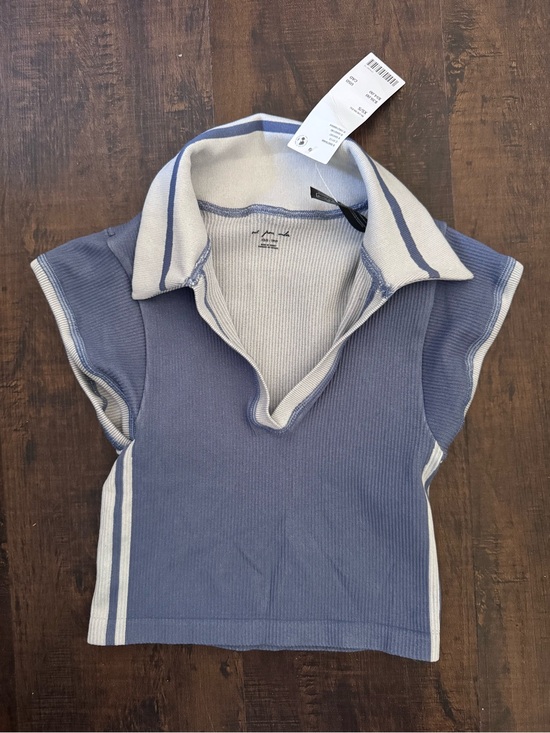 Urban Outfitters Tops - Urban Outfitters dusty Blue and white Ribbed Polo Crop Top